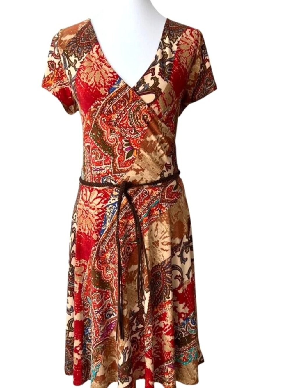 Lauren Ralph Lauren XL Fall Dress Vintage Patchwork Stretch Art to Wear Boho Y2K